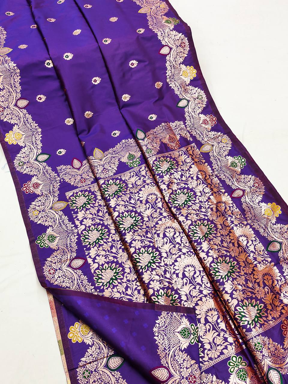 Royal Purple Banarasi Silk Saree with Antique Zari Floral Jaal & Meenakari Work