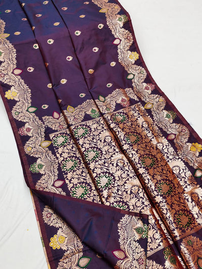 Midnight Wine Banarasi Handloom Silk Saree – Traditional Zari Weave for Weddings & Occasions