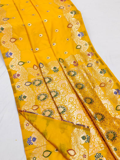 Radiant Mustard Yellow Banarasi Silk Saree with Meenakari Floral Weaves
