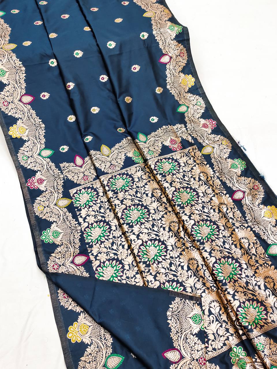 Midnight Navy Banarasi Silk Saree with Rich Meenakari Floral Jaal