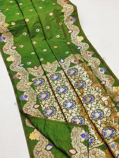 Emerald Green Banarasi Silk Saree with Blue Meenakari Floral Borders