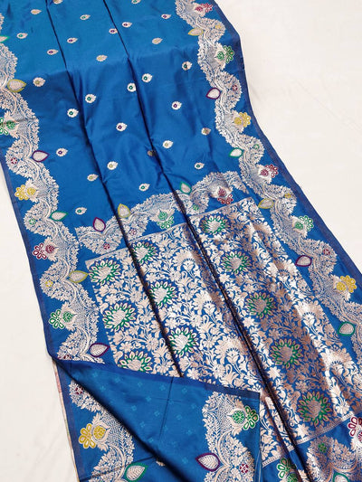 Royal Prussian Blue Banarasi Katan Silk Saree with Meenakari Floral Border & Butti