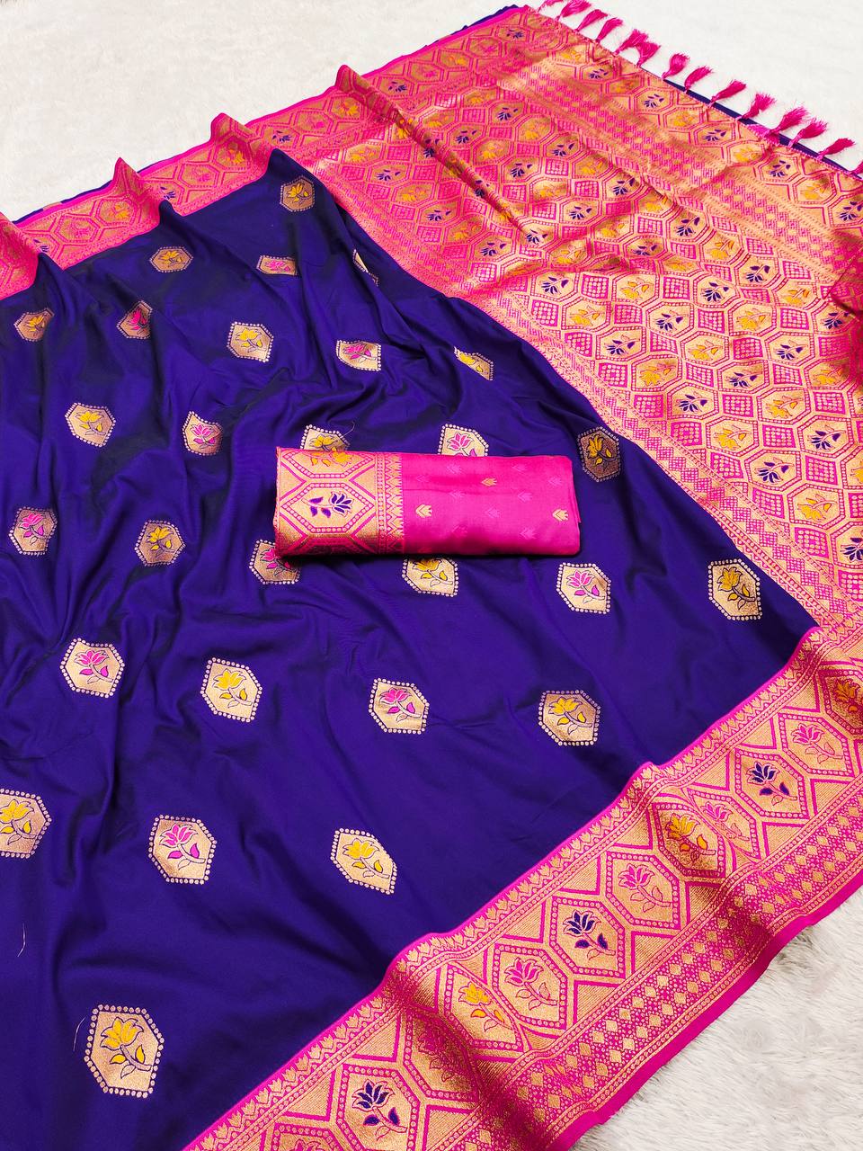 Royal Violet & Rani Pink Banarasi Soft Silk Saree with Lotus Meenakari Butta