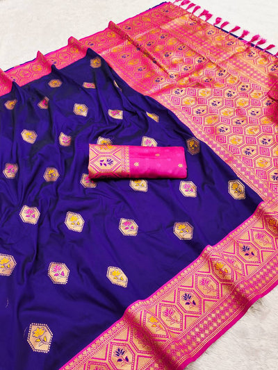 Royal Violet & Rani Pink Banarasi Soft Silk Saree with Lotus Meenakari Butta