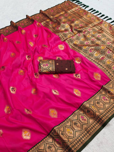 Majestic Rani Pink & Coffee Brown Banarasi Soft Silk Saree with Rich Zari Pallu