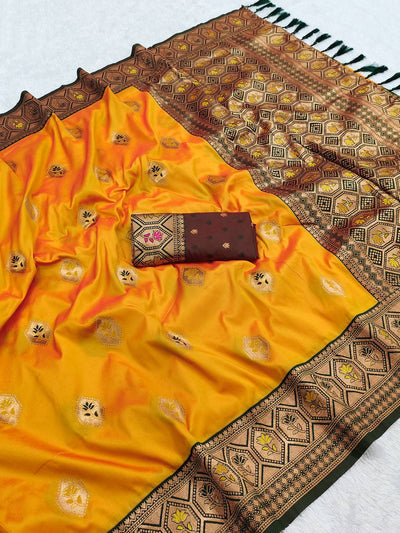 Exquisite Mustard Yellow & Coffee Brown Banarasi Silk Saree with Woven Zari Border