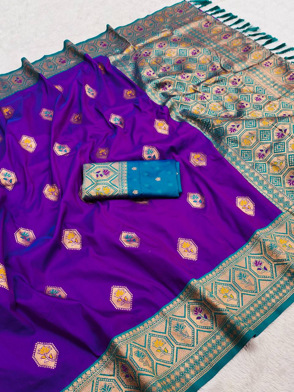 Royal Purple & Teal Green Banarasi Silk Saree with Rich Zari Weaving and Contrast Pallu