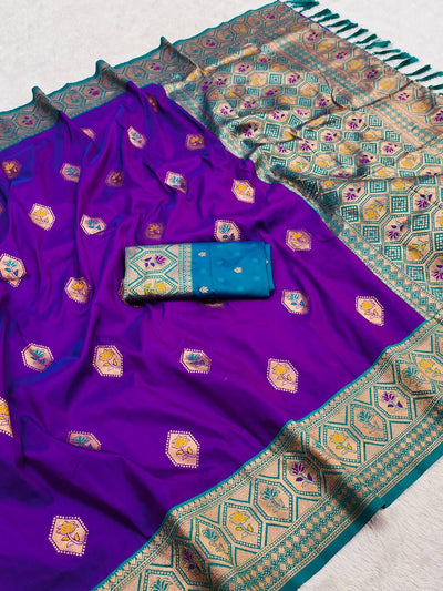 Royal Purple & Teal Green Banarasi Silk Saree with Rich Zari Weaving and Contrast Pallu
