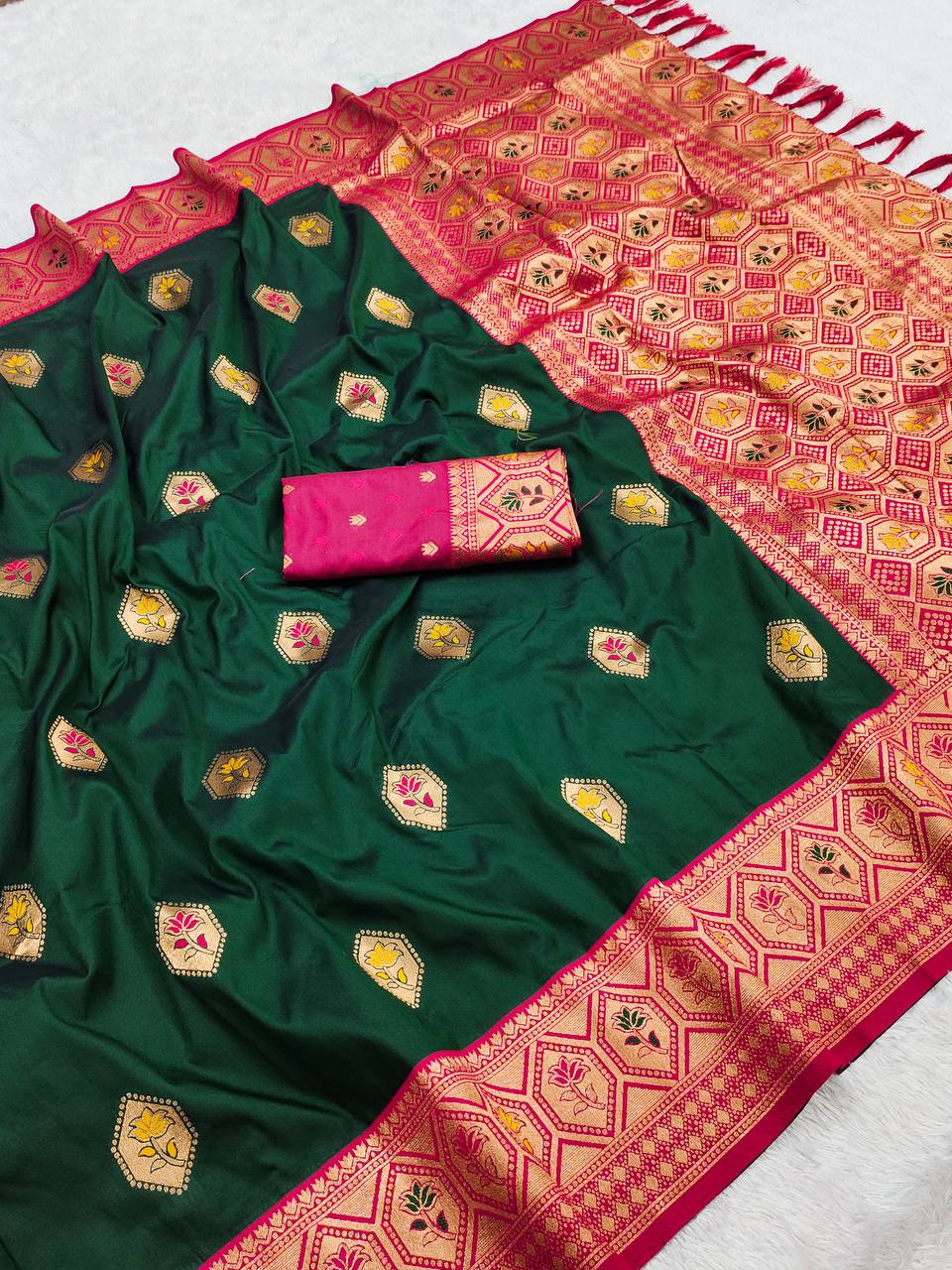 Bottle Green & Pink Banarasi Silk Saree with Gold Zari Weaving and Butta Work