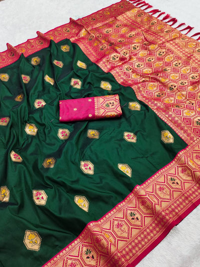 Bottle Green & Pink Banarasi Silk Saree with Gold Zari Weaving and Butta Work