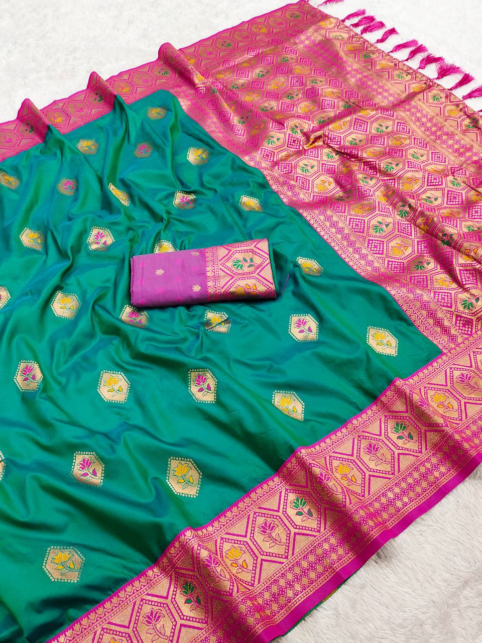Rama Green Banarasi Silk Saree with Magenta Contrast and Gold Butta Work