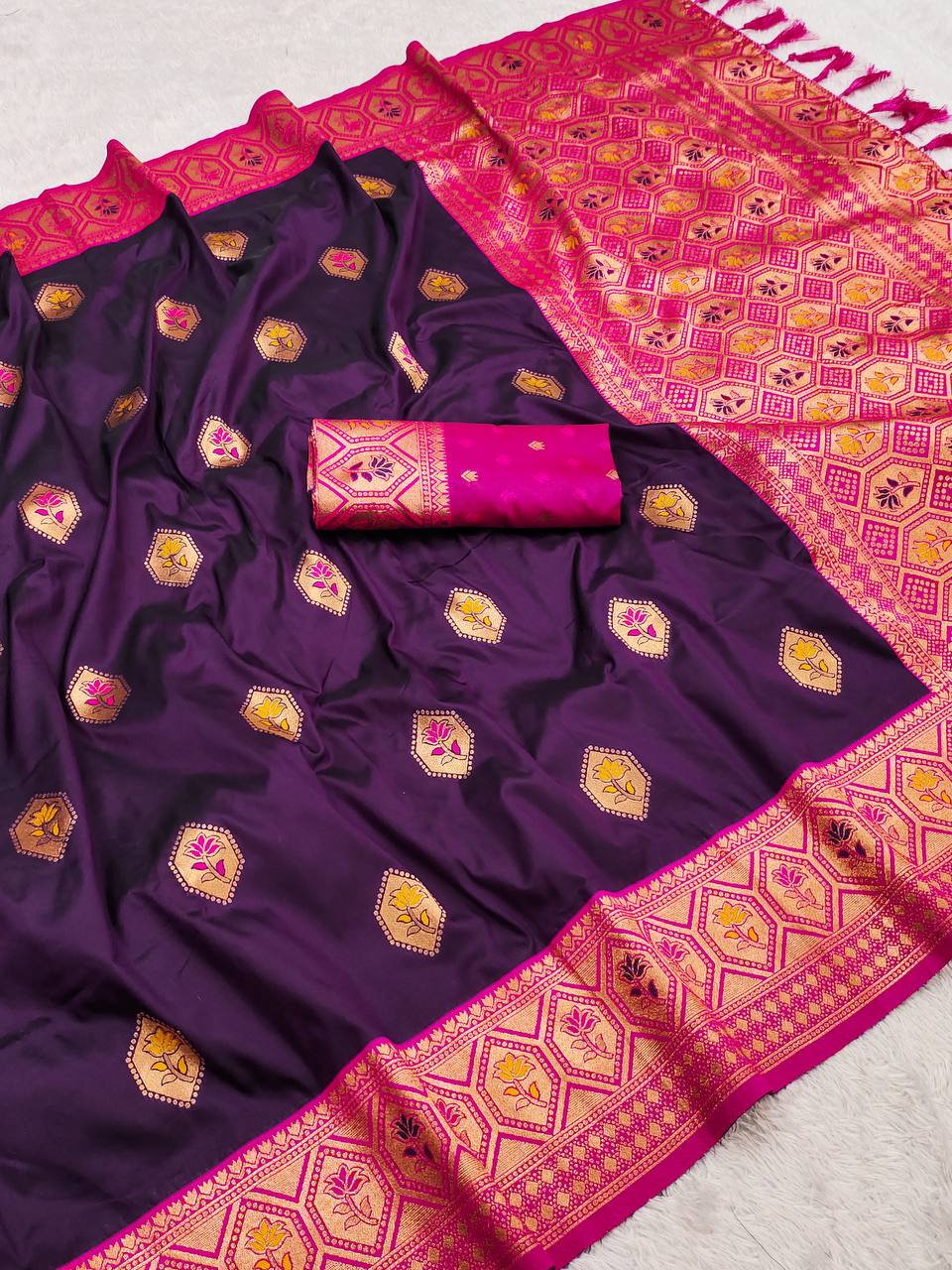 Royal Purple Silk Saree with Magenta Pink Zari Border and Honeycomb Pallu