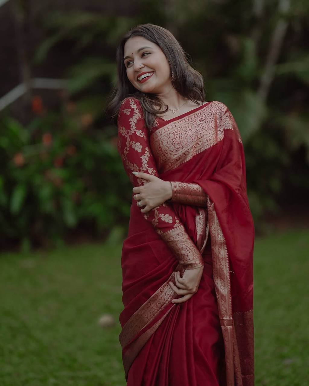 Deep Maroon Banarasi Silk Saree with Ornate Antique Gold Zari Borders