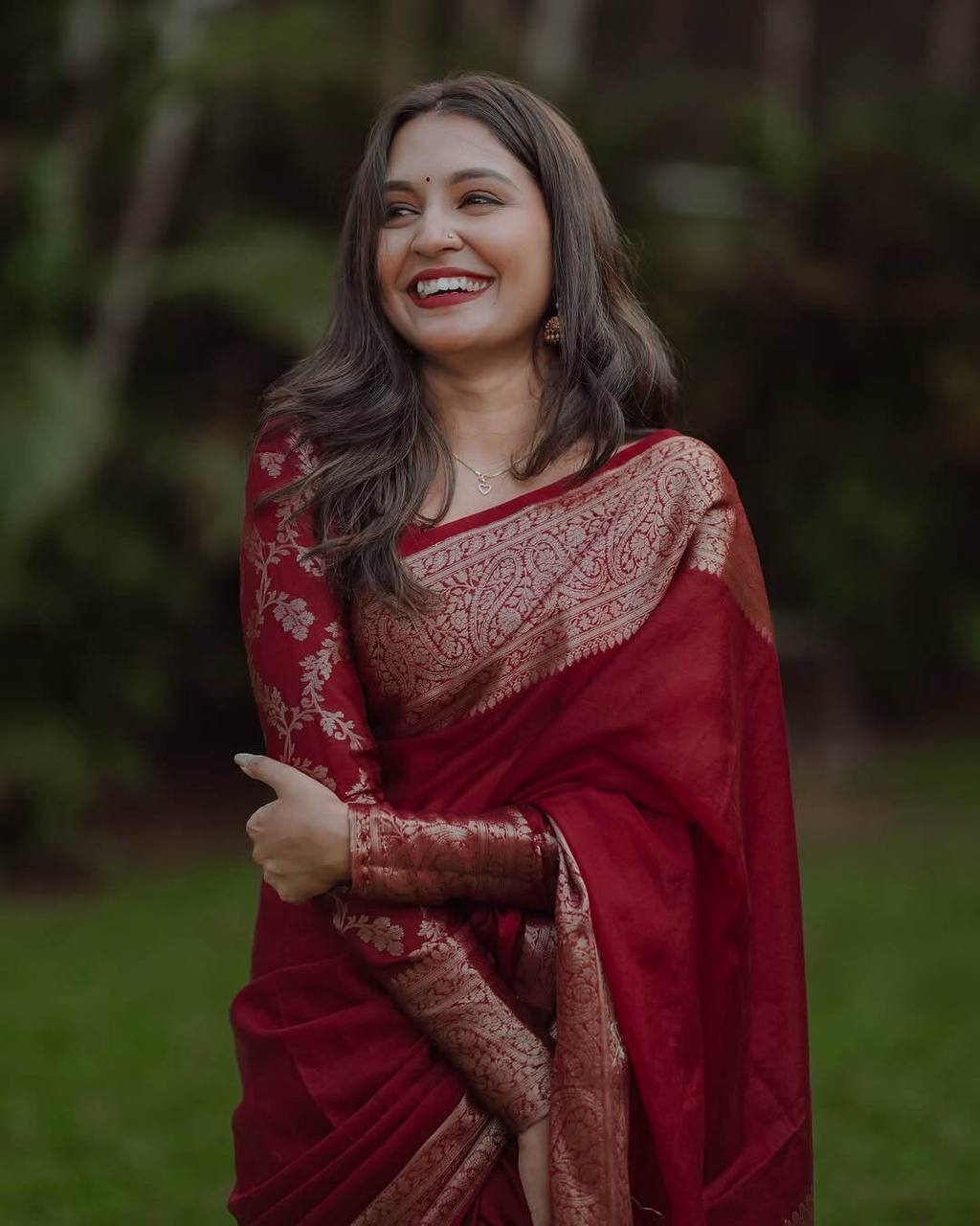 Deep Maroon Banarasi Silk Saree with Ornate Antique Gold Zari Borders