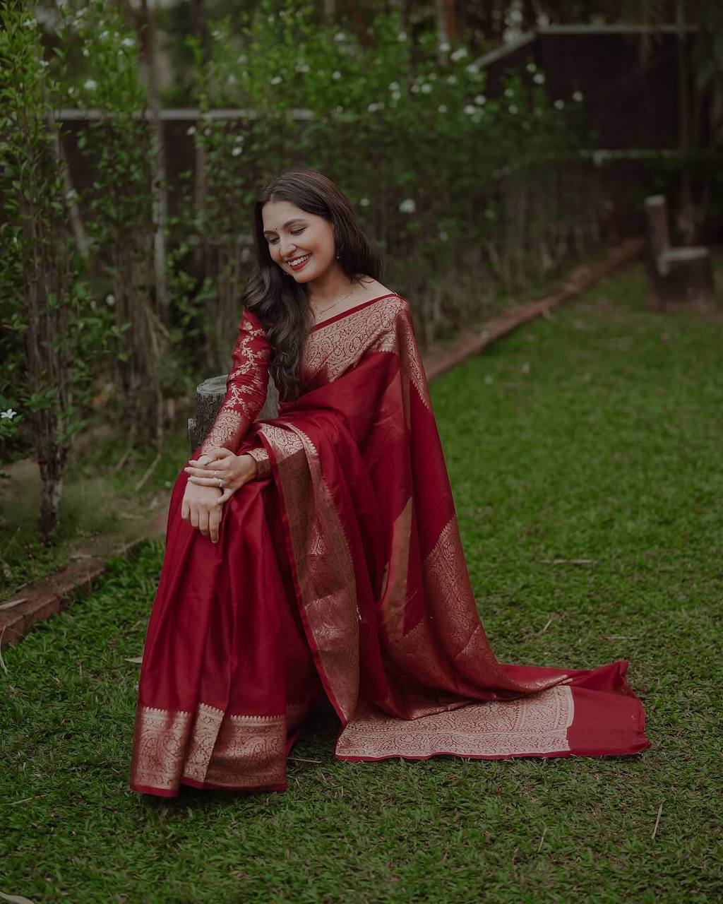 Deep Maroon Banarasi Silk Saree with Ornate Antique Gold Zari Borders