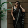 Midnight Black Handloom Cotton Saree with Silver Zari Temple Border