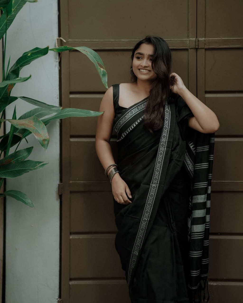 Midnight Black Handloom Cotton Saree with Silver Zari Temple Border