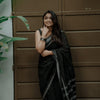 Midnight Black Handloom Cotton Saree with Silver Zari Temple Border