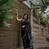 Midnight Black Handloom Cotton Saree with Silver Zari Temple Border