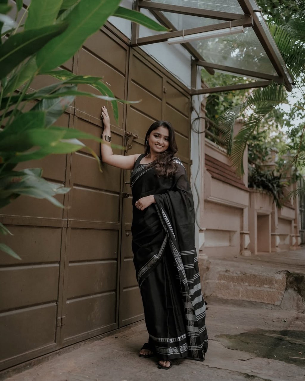 Midnight Black Handloom Cotton Saree with Silver Zari Temple Border