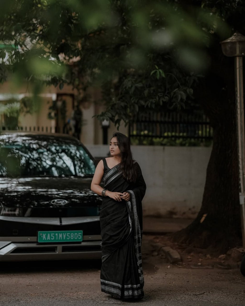 Midnight Black Handloom Cotton Saree with Silver Zari Temple Border