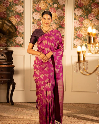 Regal Magenta Banarasi Silk Saree with Antique Gold 'Vana-Chari' Animal Motifs