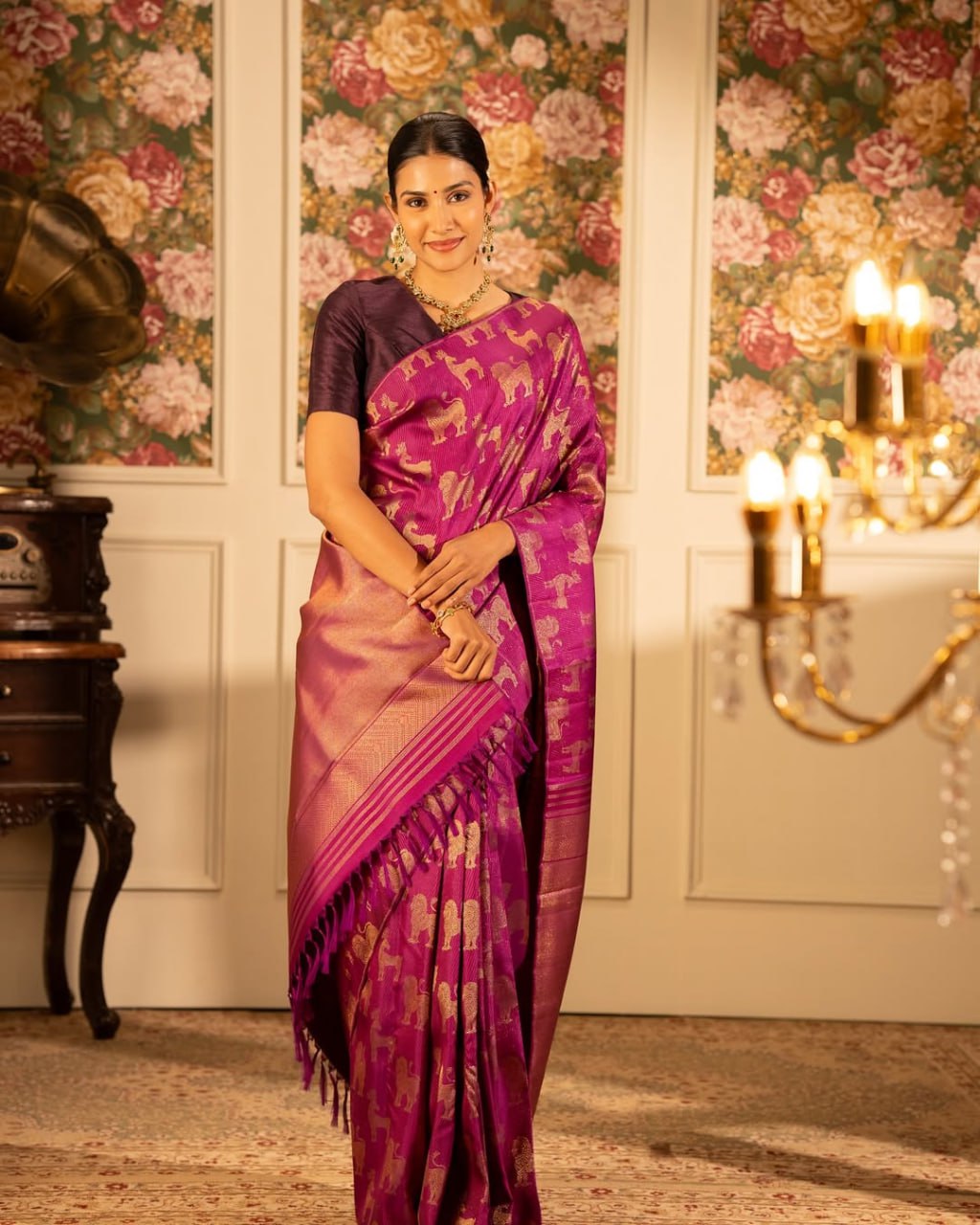 Regal Magenta Banarasi Silk Saree with Antique Gold 'Vana-Chari' Animal Motifs