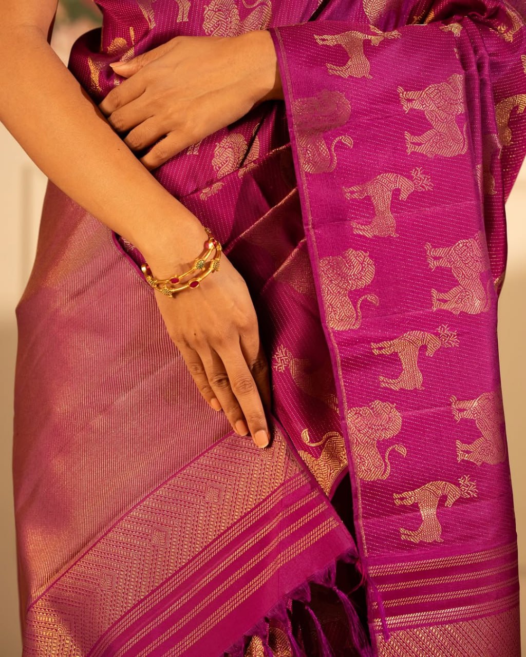 Regal Magenta Banarasi Silk Saree with Antique Gold 'Vana-Chari' Animal Motifs