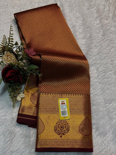 Majestic Maroon Kanjivaram Silk Saree with Full Zari Jaal & Intricate Temple Border