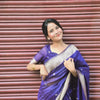 Elegant Royal Purple Handloom Silk Saree with Silver Zari Butis & Diamond Border