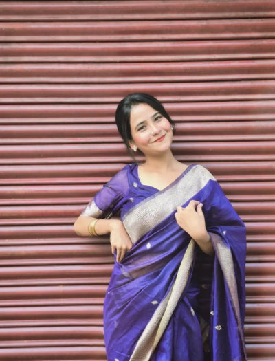 Elegant Royal Purple Handloom Silk Saree with Silver Zari Butis & Diamond Border