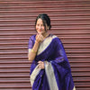 Elegant Royal Purple Handloom Silk Saree with Silver Zari Butis & Diamond Border
