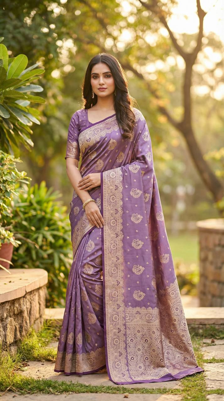 Lavender Purple Silk Saree with Elegant Gold Zari Traditional Border