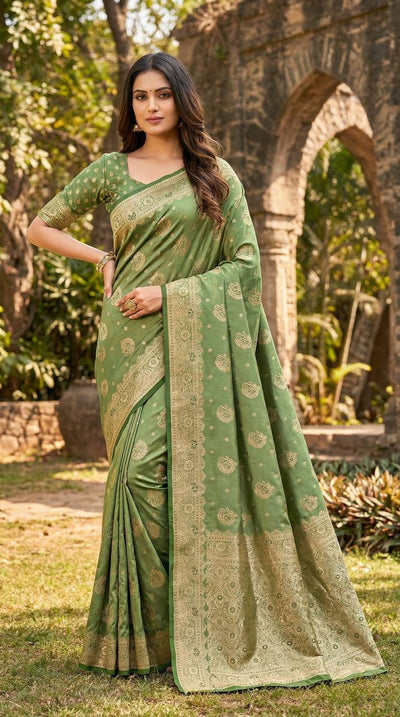 Olive Green Silk Saree with Classic Gold Zari Woven Border