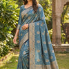 Teal Blue Silk Saree with Elegant Gold Zari Heritage Border