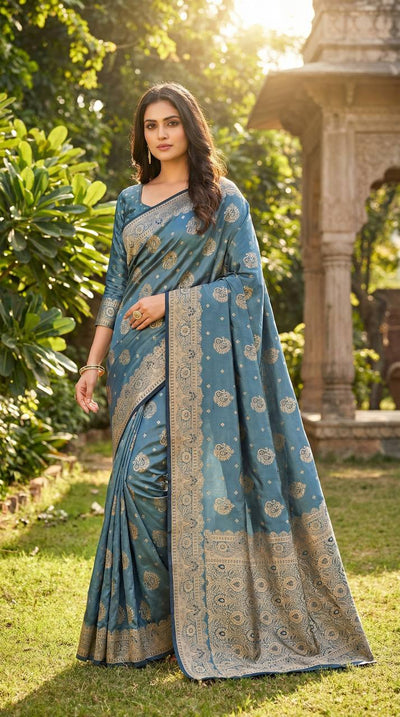 Teal Blue Silk Saree with Elegant Gold Zari Heritage Border