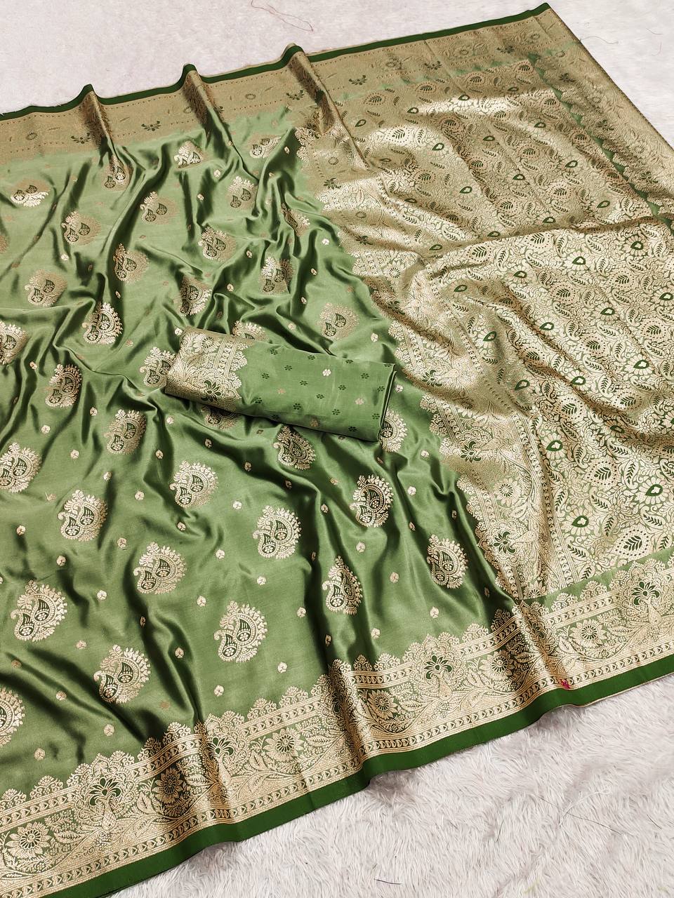 Olive Green Silk Saree with Classic Gold Zari Woven Border