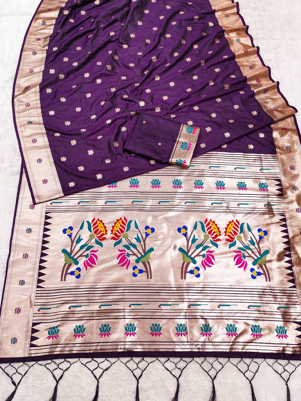 Royal Purple Silk Saree with Multicolor Floral Zari Pallu