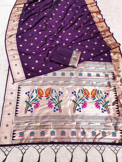 Royal Purple Silk Saree with Multicolor Floral Zari Pallu