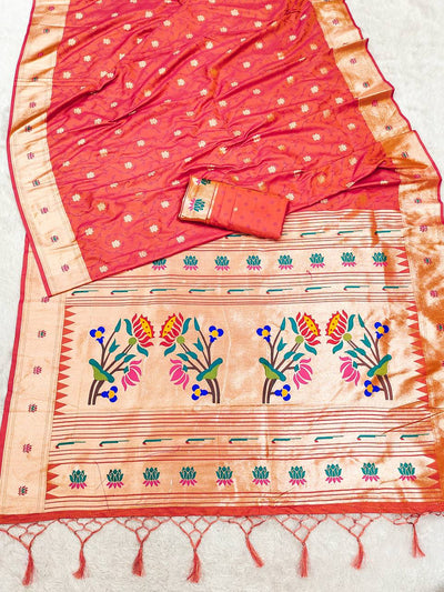 Coral Pink Silk Saree with Multicolor Floral Zari Pallu