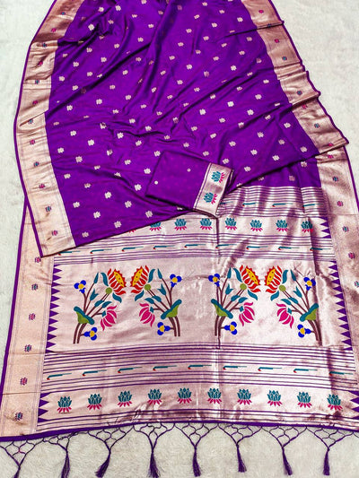 Royal Purple Silk Saree with Golden Zari Border & Artistic Floral Pallu