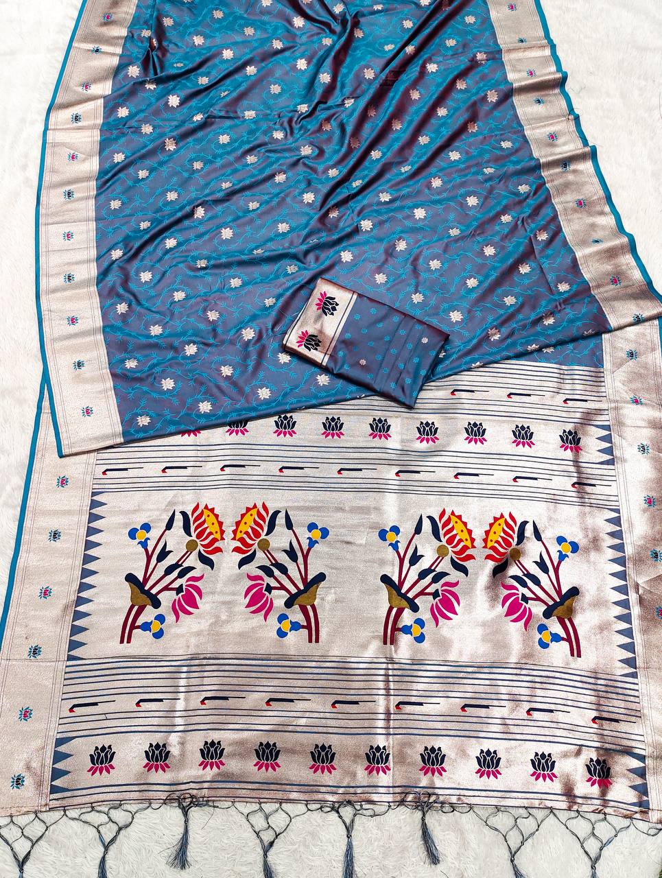 Classic Steel Blue Silk Saree with Silver Zari Border & Elegant Floral Pallu