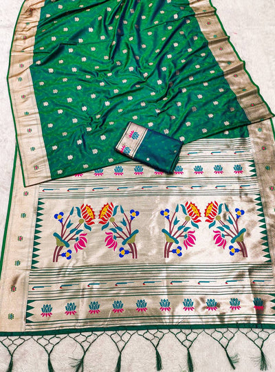 Rich Emerald Green Silk Saree with Golden Zari Border & Traditional Floral Pallu