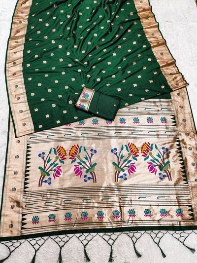 Deep Forest Green Silk Saree with Golden Zari Border & Handcrafted Floral Pallu