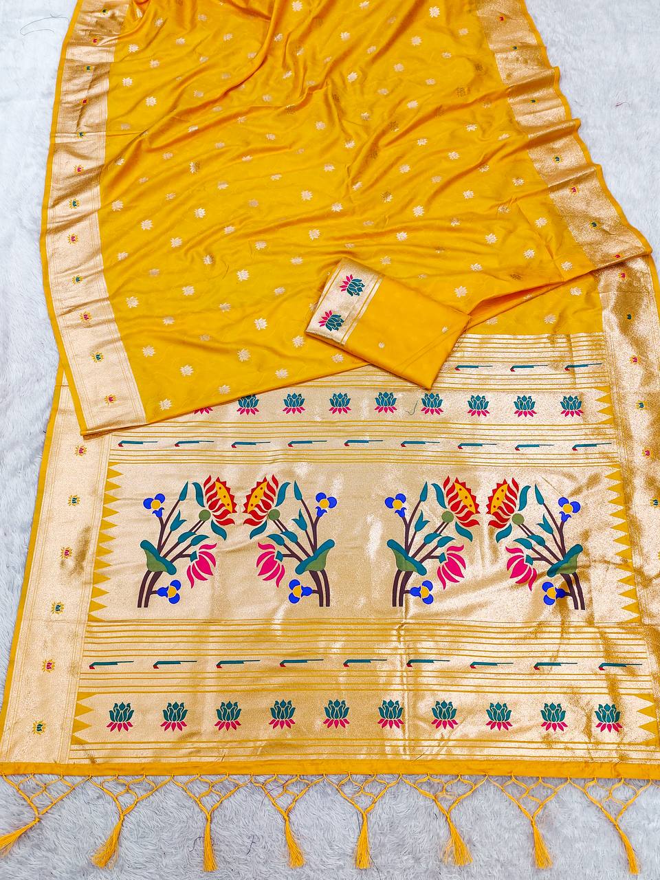Radiant Mustard Yellow Silk Saree with Golden Zari Border & Traditional Floral Pallu