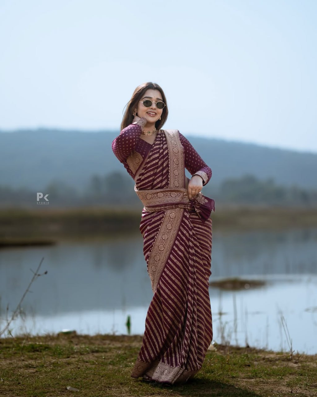 Deep Wine Leheriya Georgette Saree with Antique Gold Floral Border & Sequined Blouse