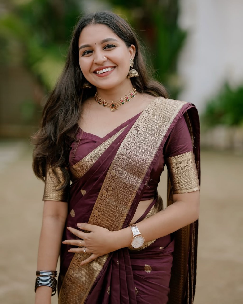 Royal Wine Silk Saree with Traditional Gold Zari Border and Floral Butta Work