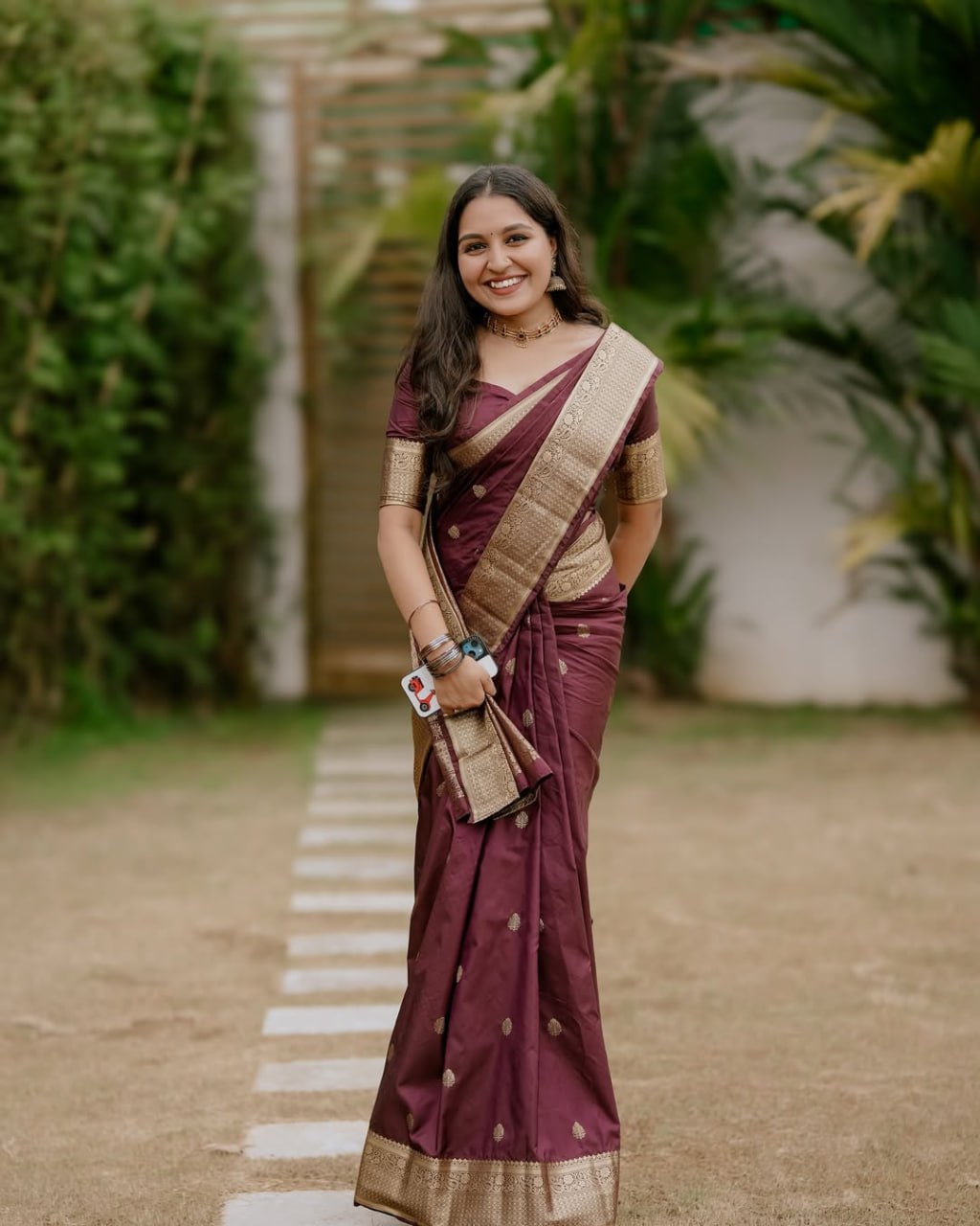 Royal Wine Silk Saree with Traditional Gold Zari Border and Floral Butta Work
