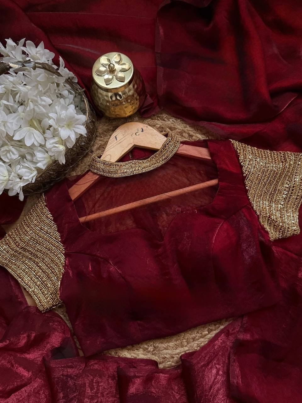 Luxury Shimmer Organza Saree with Heavy Sequin Designer Blouse – 7 Color Options