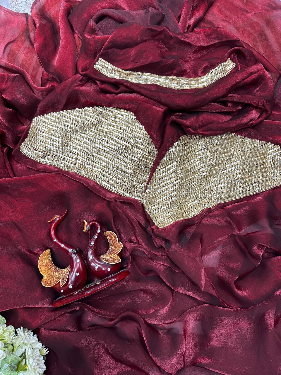 Luxury Shimmer Organza Saree with Heavy Sequin Designer Blouse – 7 Color Options